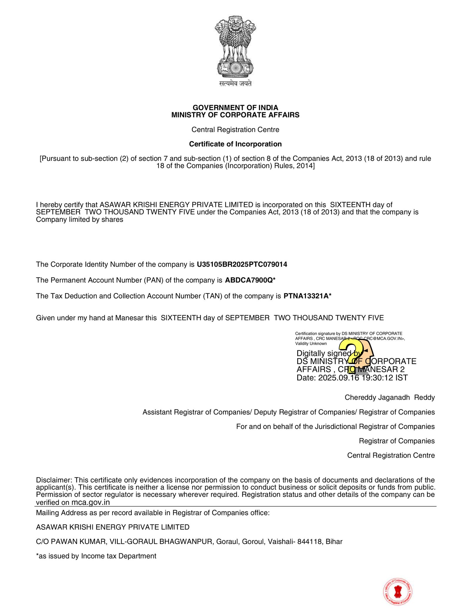 Certificate of Incorporation